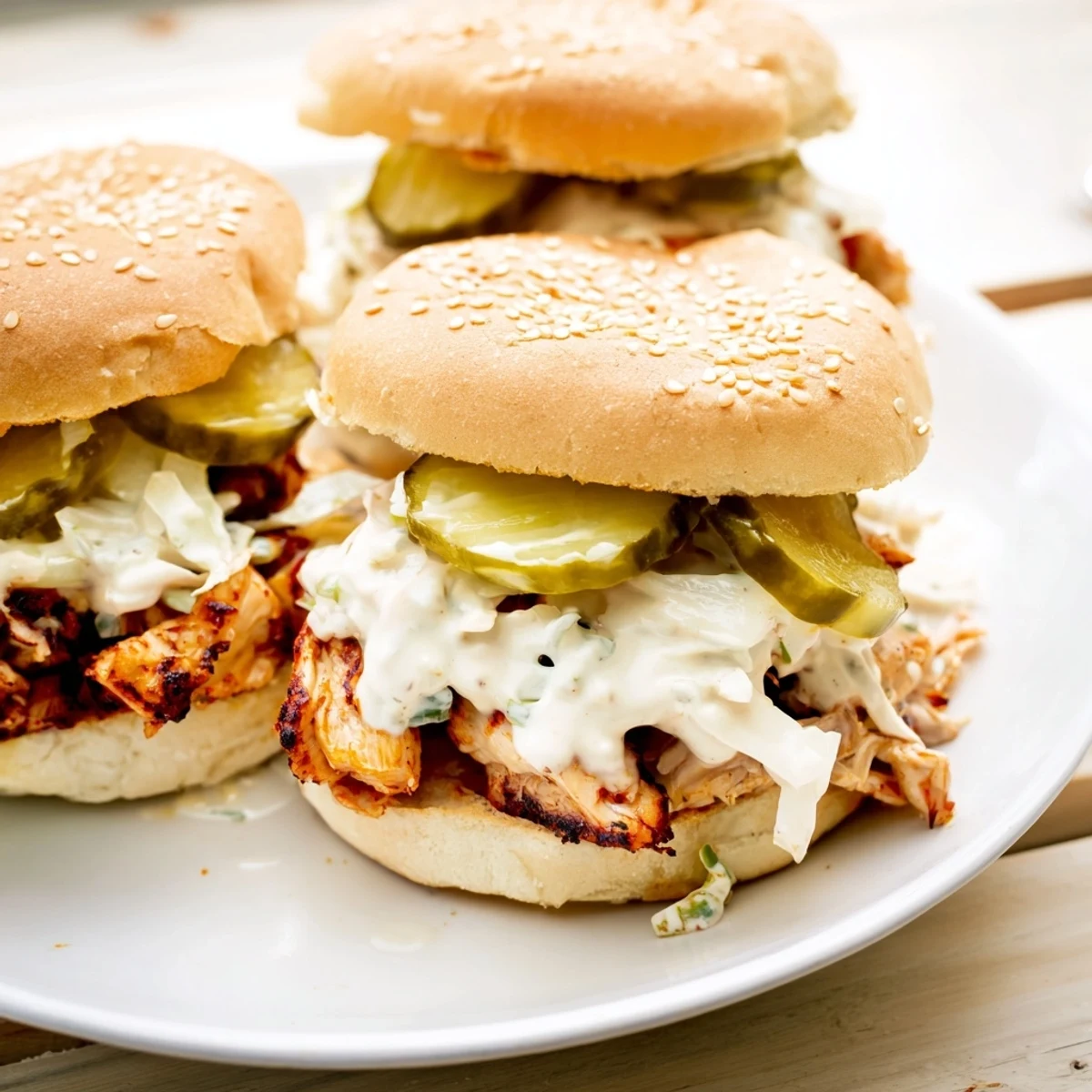 Golden chopped grilled chicken coated in creamy Alabama white BBQ sauce on a toasted bun
