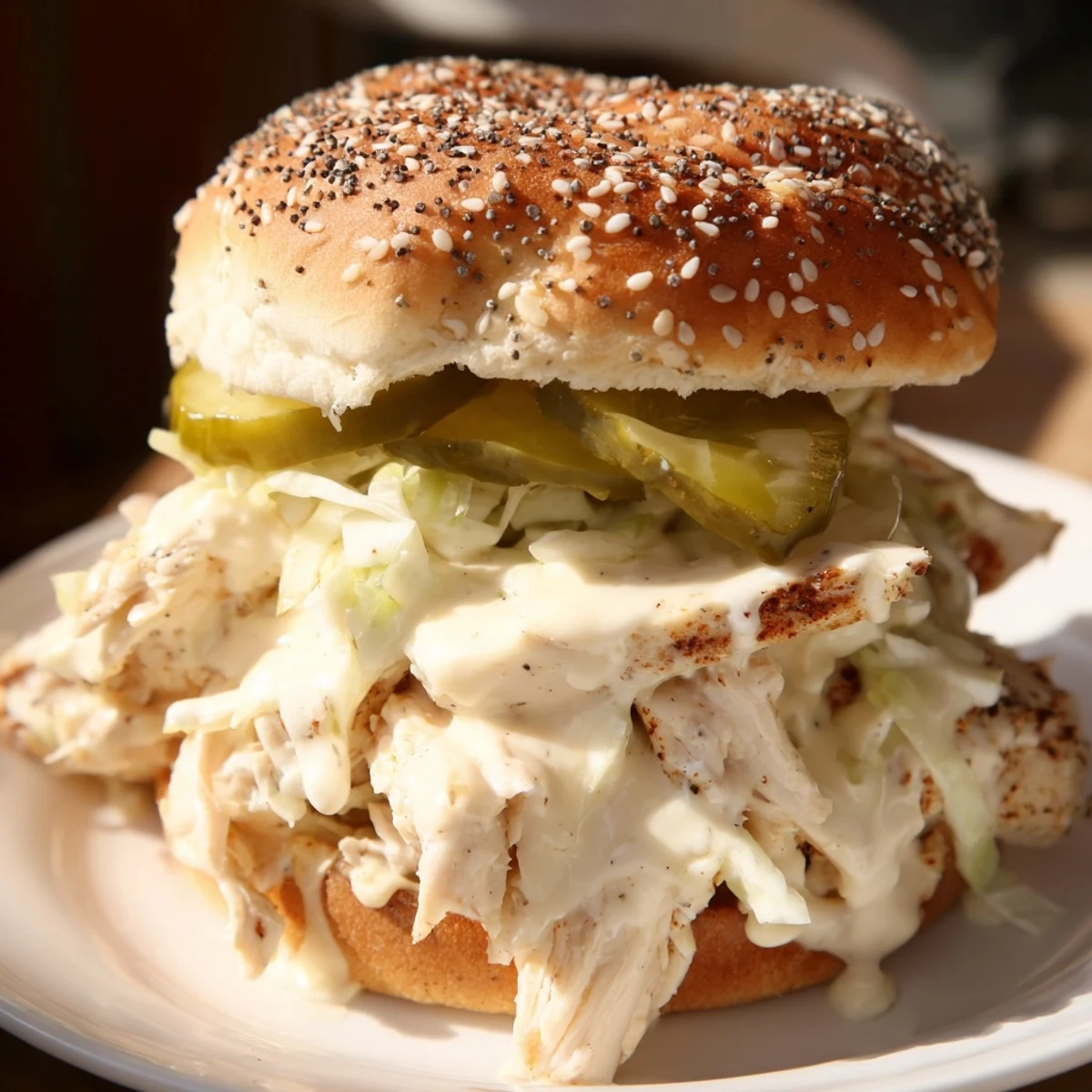 Southern style Alabama BBQ Chicken Chopped Sandwich piled high with tangy sauce and crisp coleslaw
