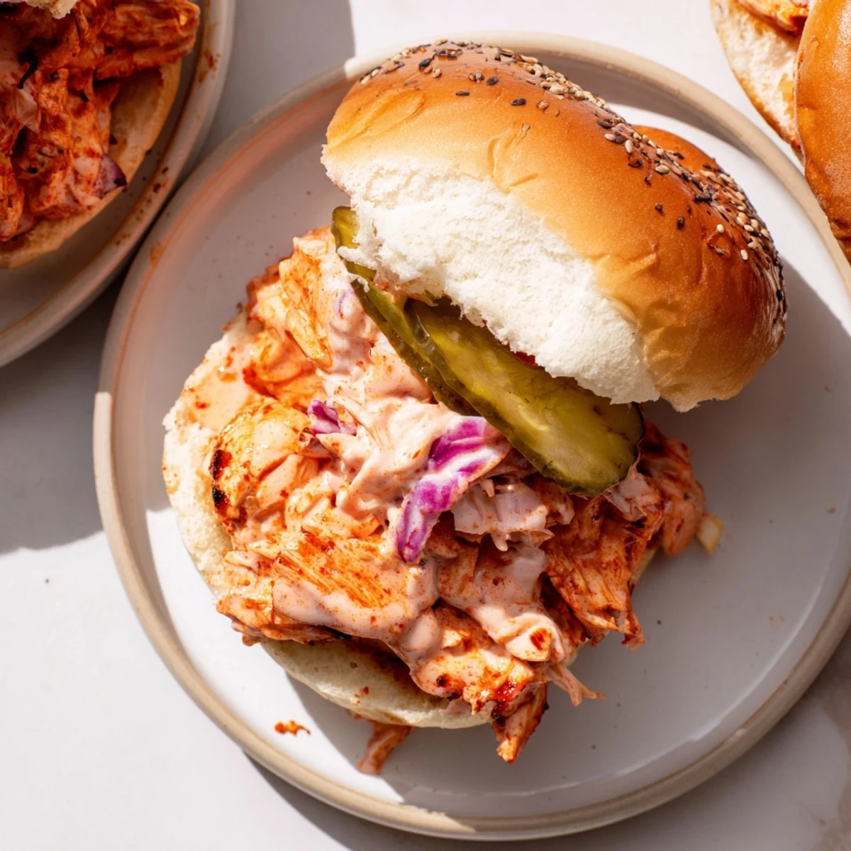 Hearty Alabama BBQ Chicken Chopped Sandwich featuring juicy saucy chicken on a soft bakery bun
