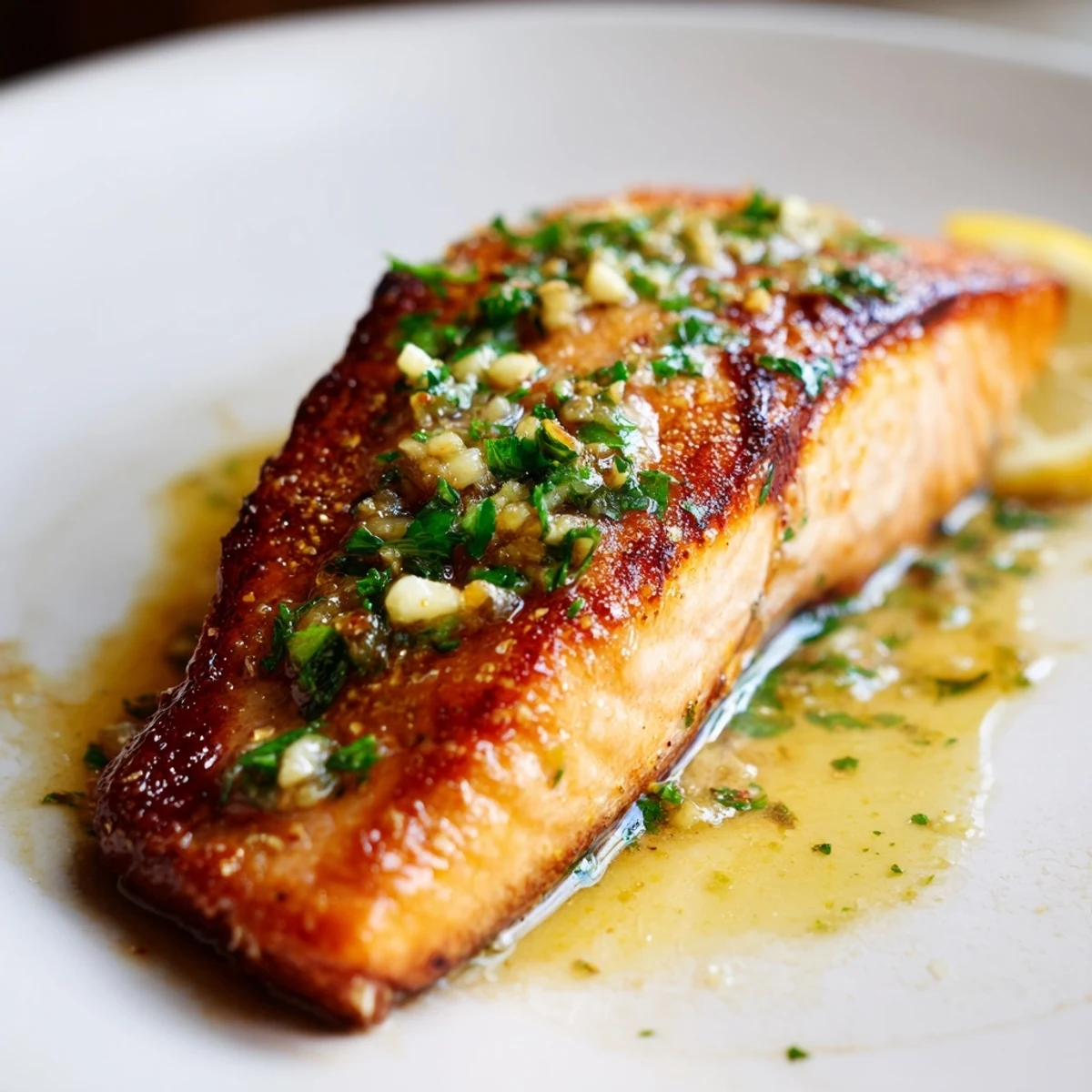Golden pan seared salmon fillets with crispy skin drizzled in melted garlic butter sauce