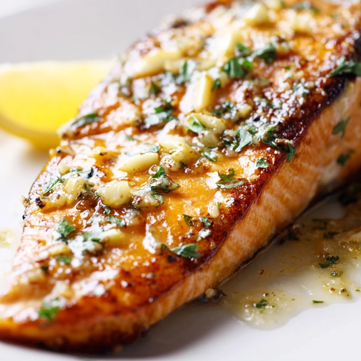 Crispy skinned pan seared salmon served hot with lemon wedges and rich garlic butter