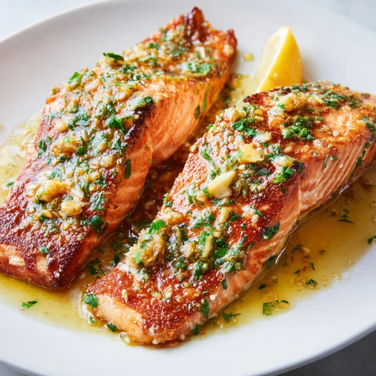 Restaurant-quality pan seared salmon topped with aromatic garlic butter and fresh parsley garnish
