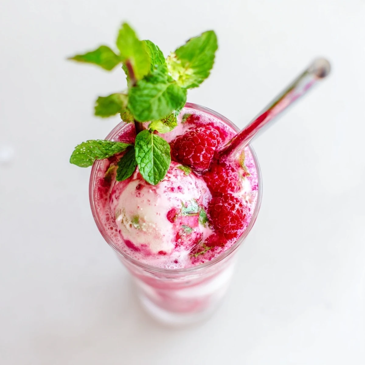 Tall glass filled with raspberry mint mojito rebel float topped with melting vanilla ice cream