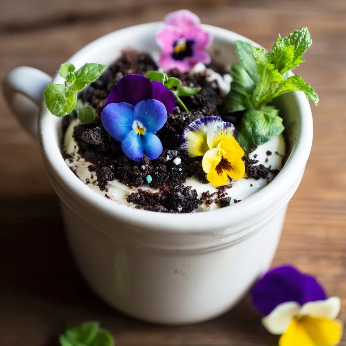 Whimsical edible potted floral garden dessert with chocolate cake layers, creamy filling, and vibrant edible flowers in a flower pot