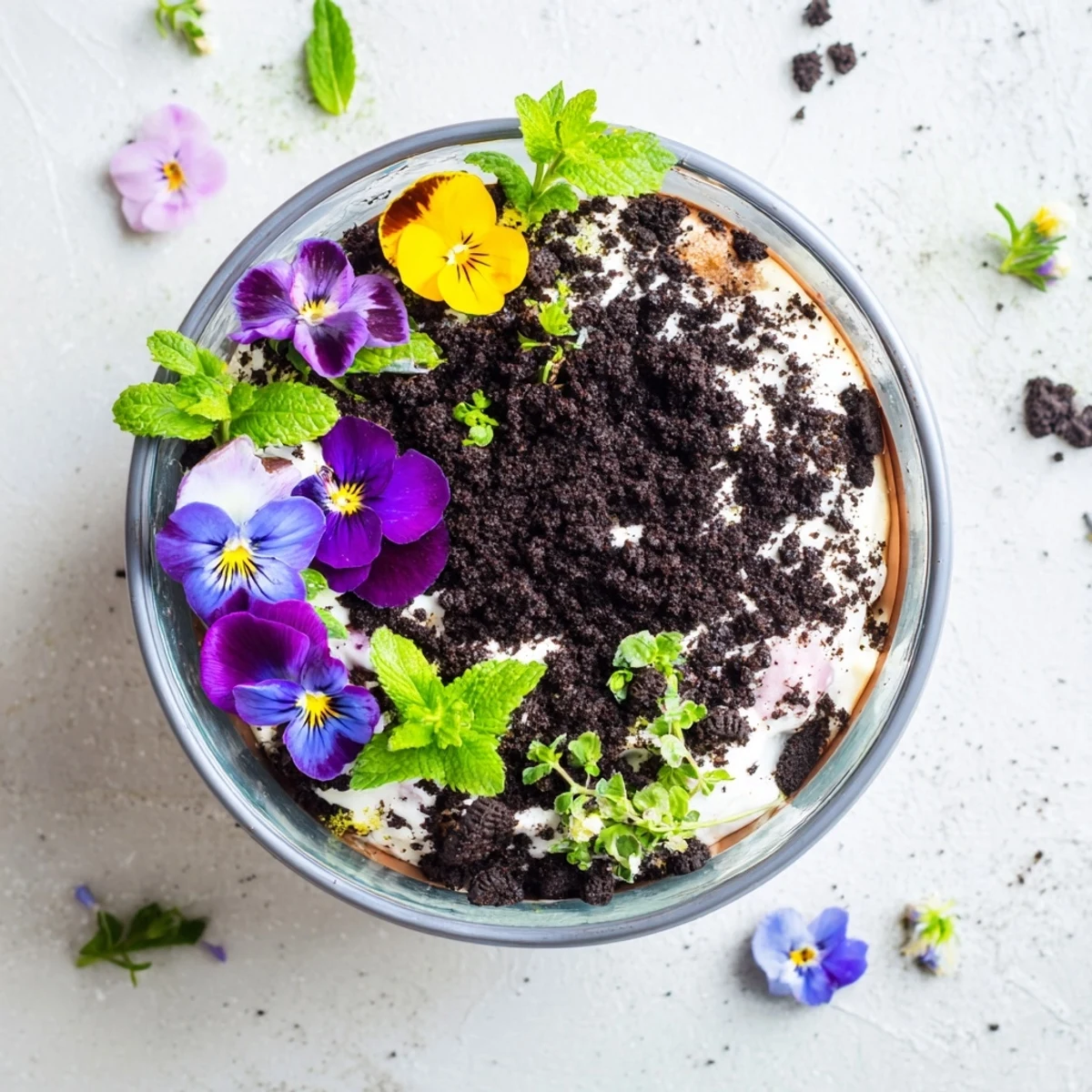 Chocolate edible potted floral garden featuring crumbled cake, whipped cream, chocolate cookie soil, and fresh colorful blossoms
