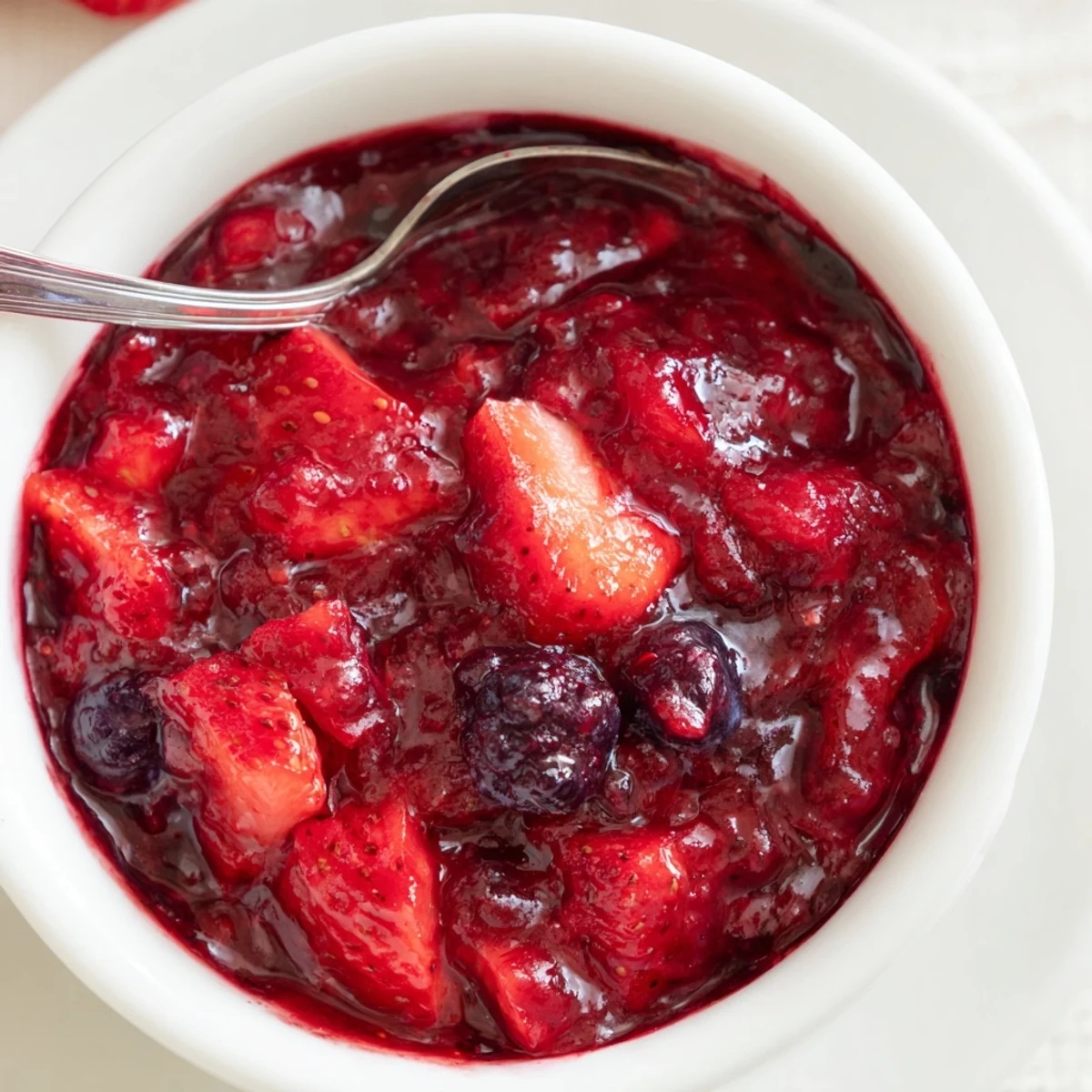 Vibrant red strawberry rhubarb raspberry jam spread thickly on golden buttered toast