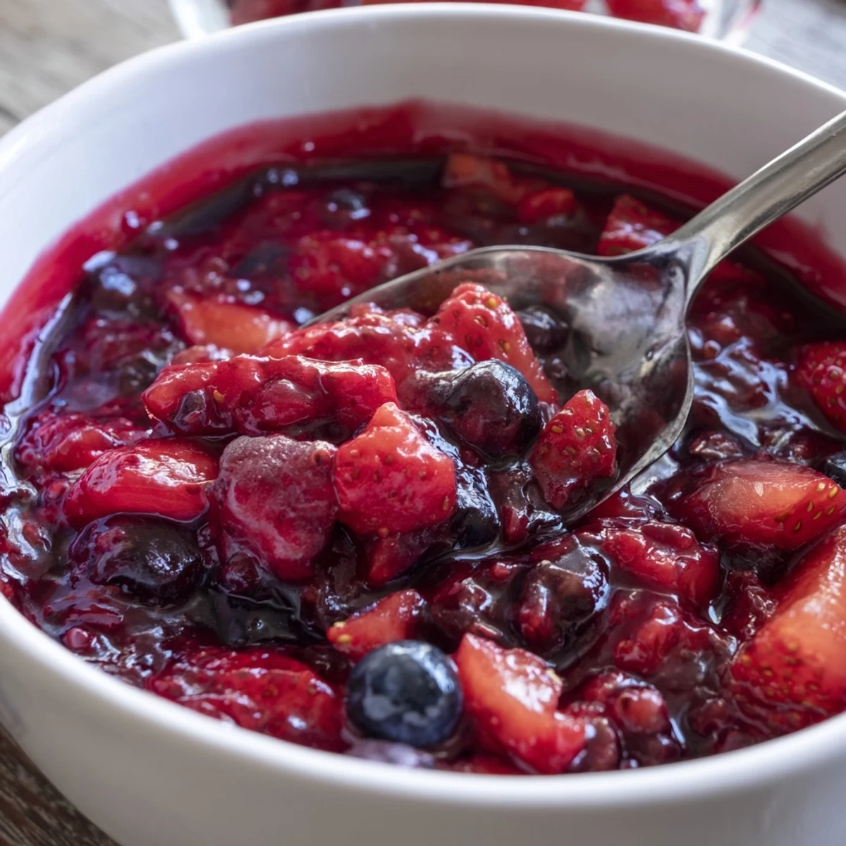 Glossy jars of homemade strawberry rhubarb raspberry jam with mixed berries ready for canning