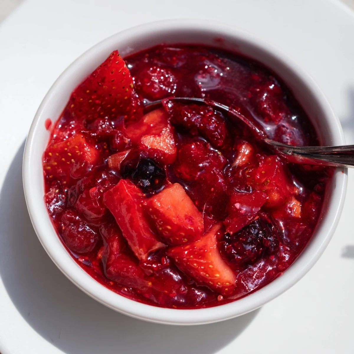 Spoonful of tangy sweet strawberry rhubarb raspberry jam dripping from vintage canning jar