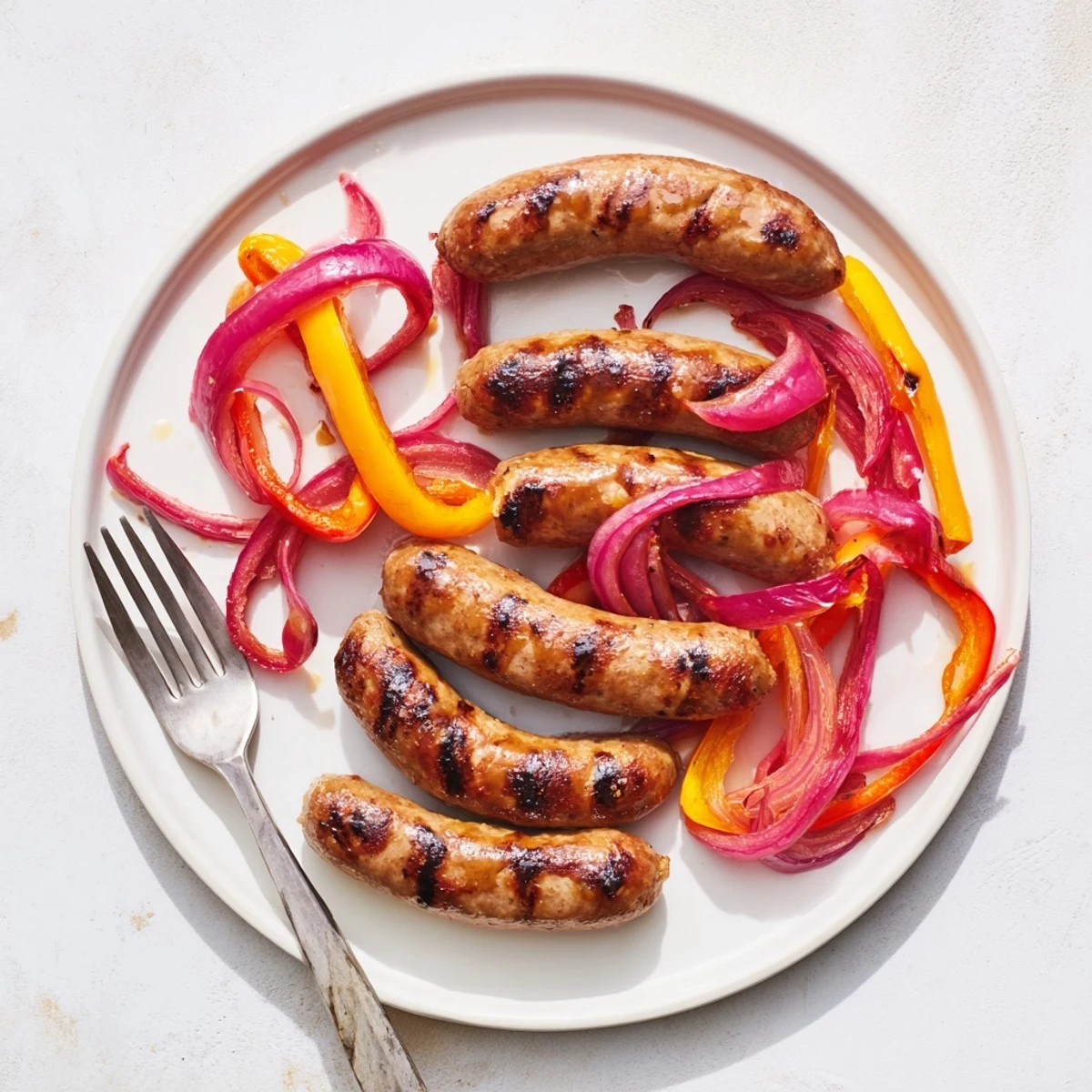 Juicy grilled BBQ beef sausage with colorful peppers and caramelized onions glazed in tangy mustard