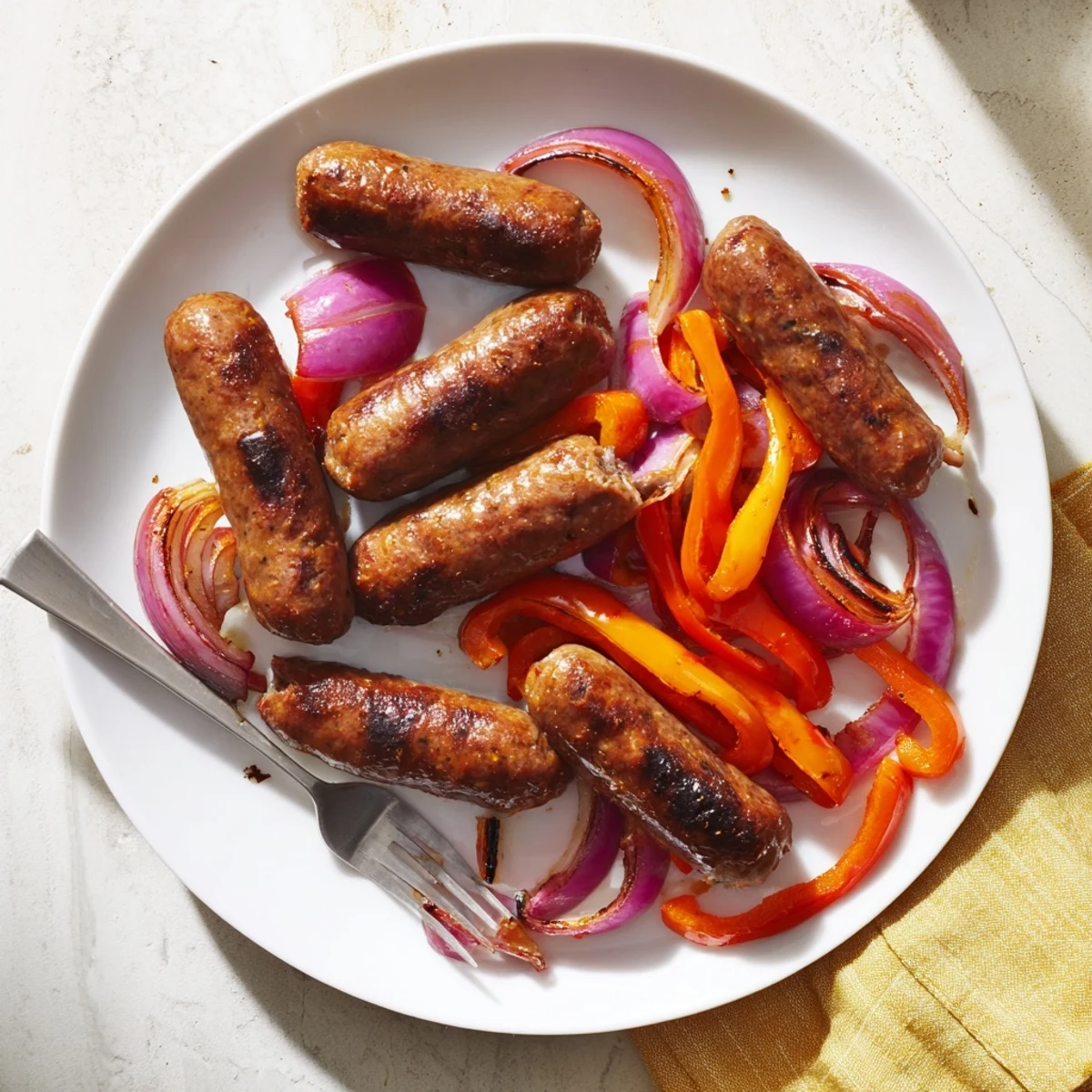Platter of grilled beef sausages served atop sweet charred peppers and onions with honey mustard glaze