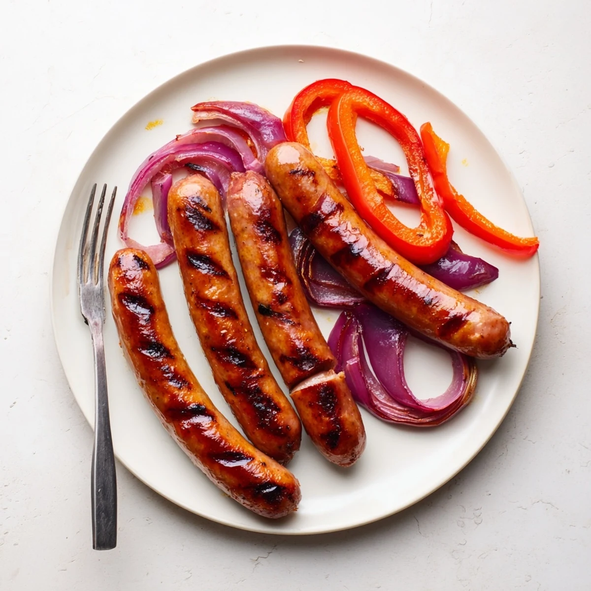 Golden grilled BBQ beef sausage featuring tender peppers and onions finished with sweet mustard BBQ glaze