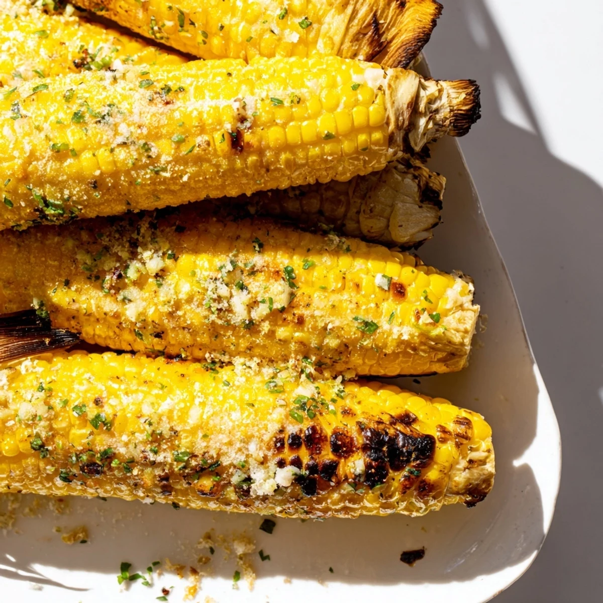 Golden grilled corn on the cob coated with zesty parmesan ranch herbs and melted butter