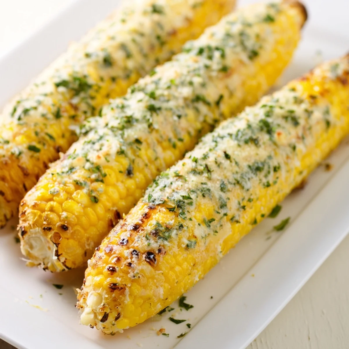 Flame-grilled corn on the cob brushed with herb butter and topped with cheesy ranch coating