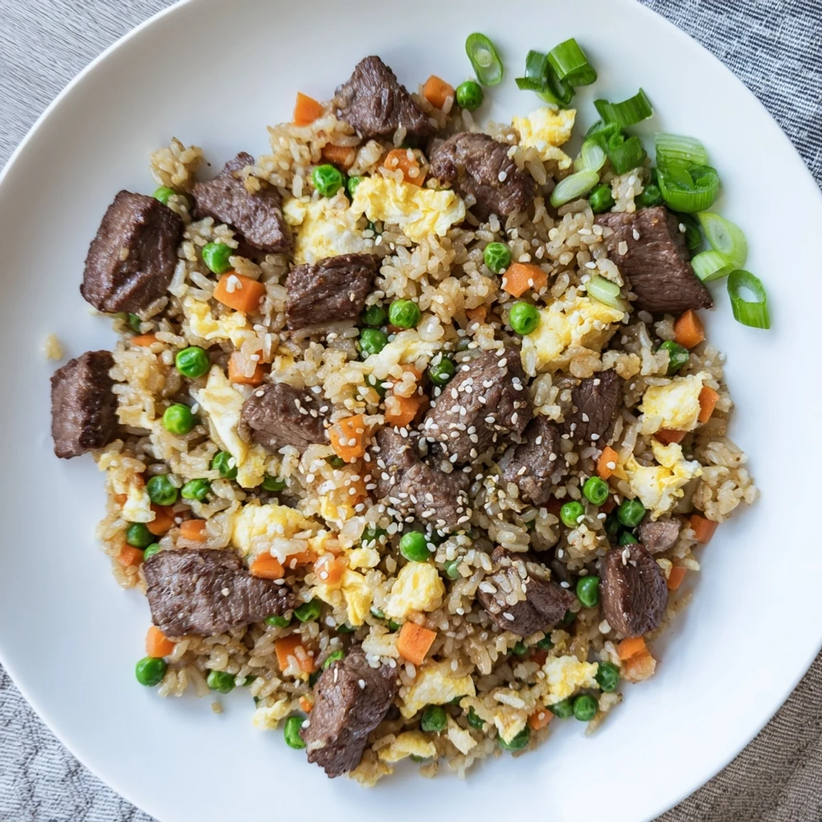 Golden fried rice with marinated steak cubes, scrambled eggs, and crisp peas and carrots cooked on a flat-top griddle