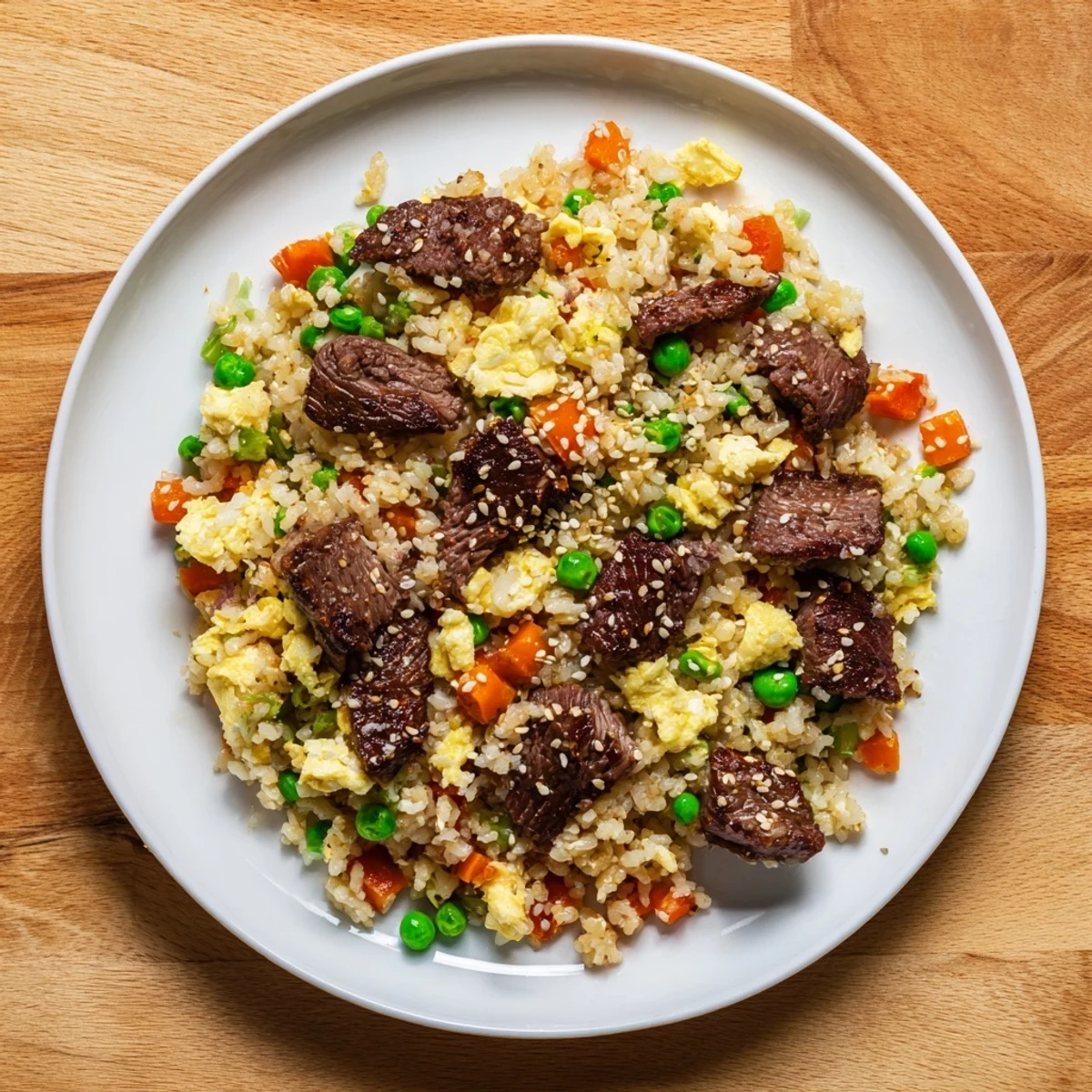 Heaping plate of hibachi-style fried rice featuring juicy steak pieces, sesame aromatics, and fresh green onion garnish