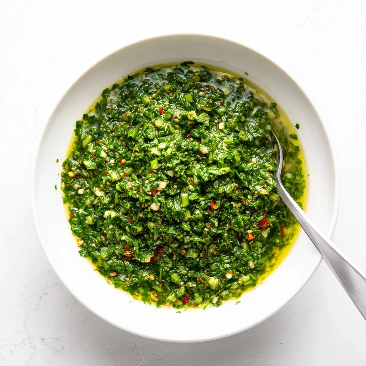 Vibrant green garlic scape chimichurri sauce drizzled over juicy grilled steak with fresh herbs