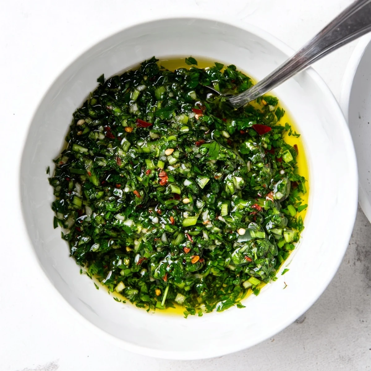 Creamy chimichurri featuring chopped garlic scapes and parsley served beside grilled vegetables and meats