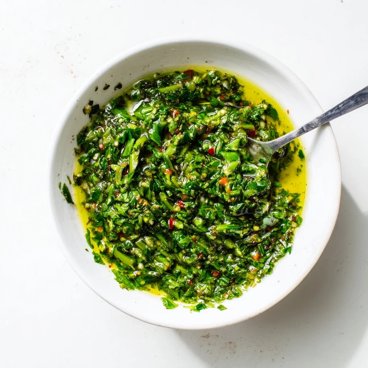 Golden bowl of fresh chimichurri sauce with garlic scapes ready for grilled meats and veggies
