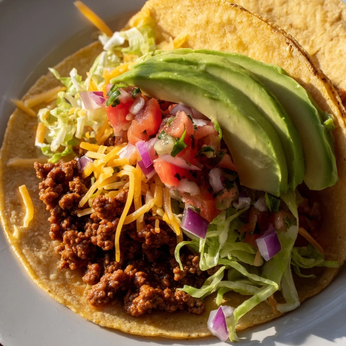 Golden corn tortillas piled high with seasoned ground beef tacos topped with fresh pico de gallo and green avocado slices