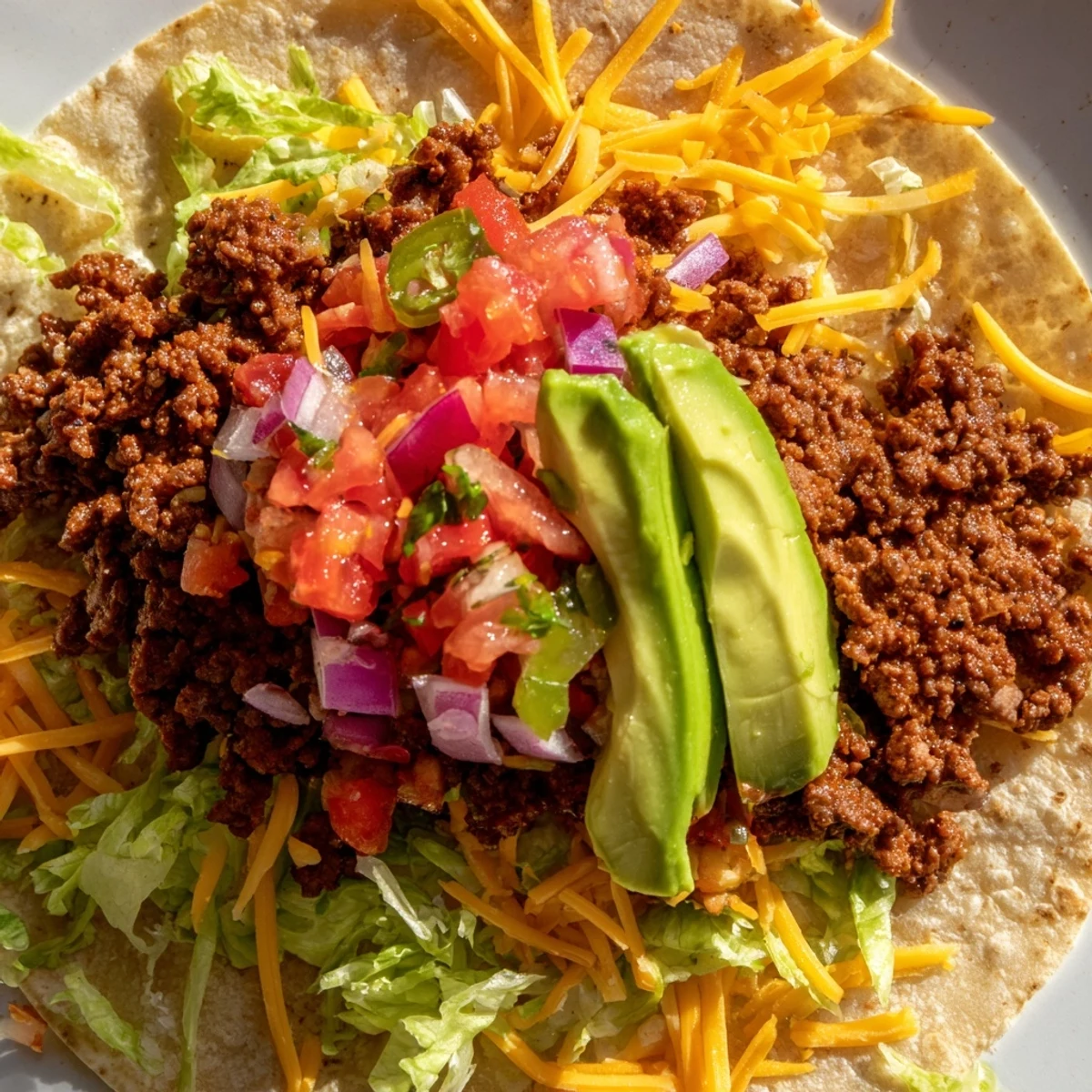 Homemade seasoning ground beef tacos served on warm tortillas with vibrant pico de gallo and shredded cheese