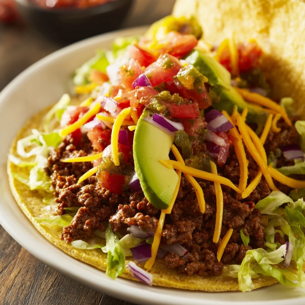 Juicy ground beef tacos with aromatic spices topped with chunky pico de gallo fresh lettuce and creamy avocado