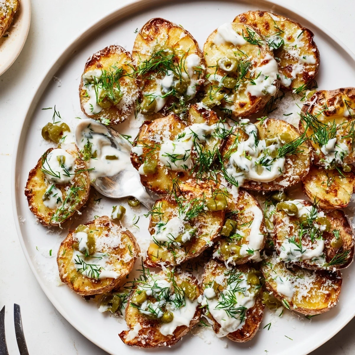 Dill pickle ranch smash appetizer featuring crispy potato rounds drizzled with herb ranch dressing