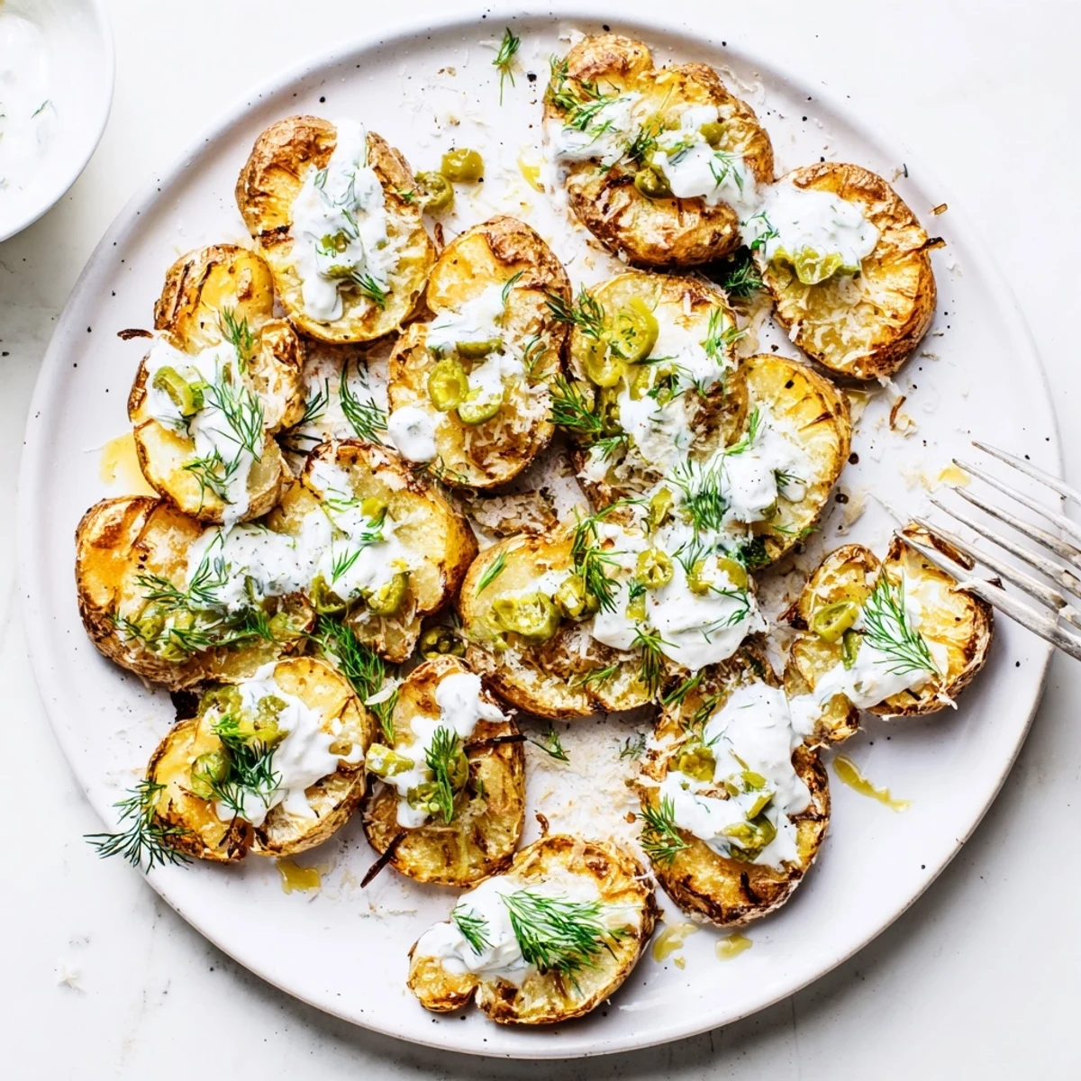 Golden crispy smashed potatoes topped with creamy ranch sauce and tangy chopped dill pickles