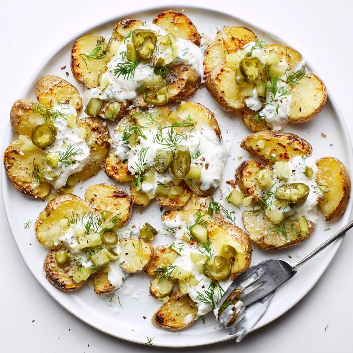 Smashed baby potatoes with crunchy dill pickle topping and fresh herbs on white serving plate