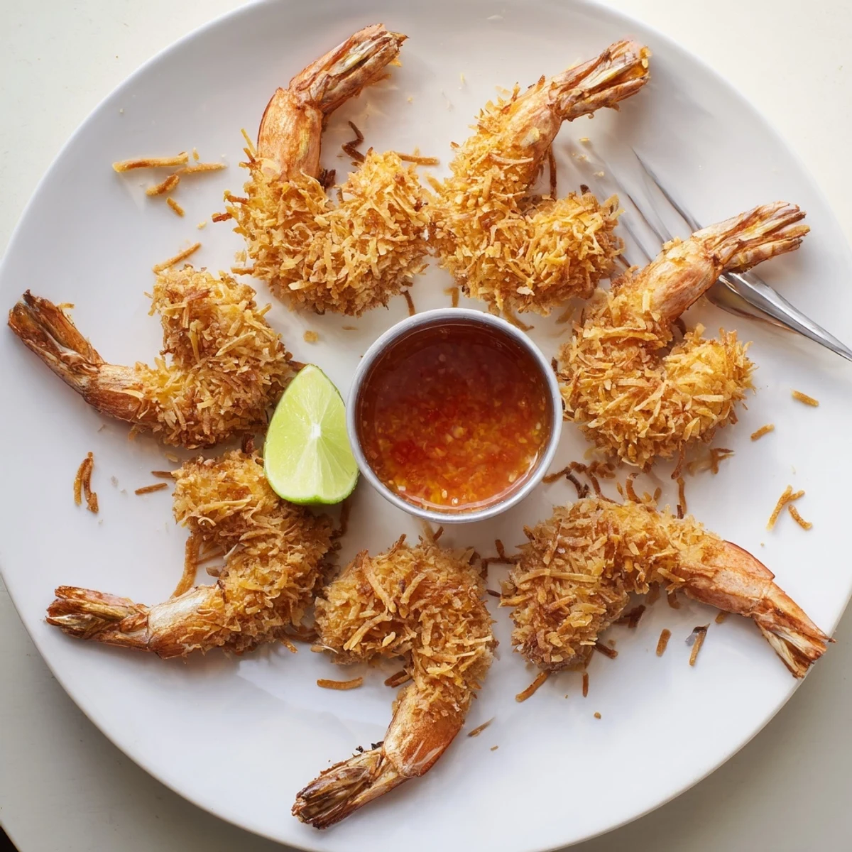Golden fried coconut shrimp with crispy shredded coating served on white plate