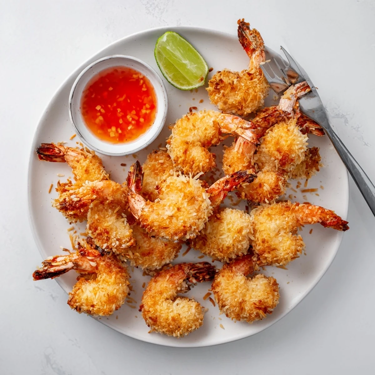 Crispy coconut shrimp appetizer with tails on, garnished with lime wedges