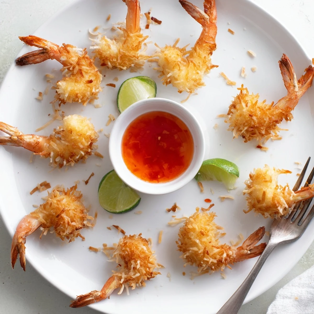 Pan-fried shrimp breaded with sweet coconut flakes and panko, golden brown exterior