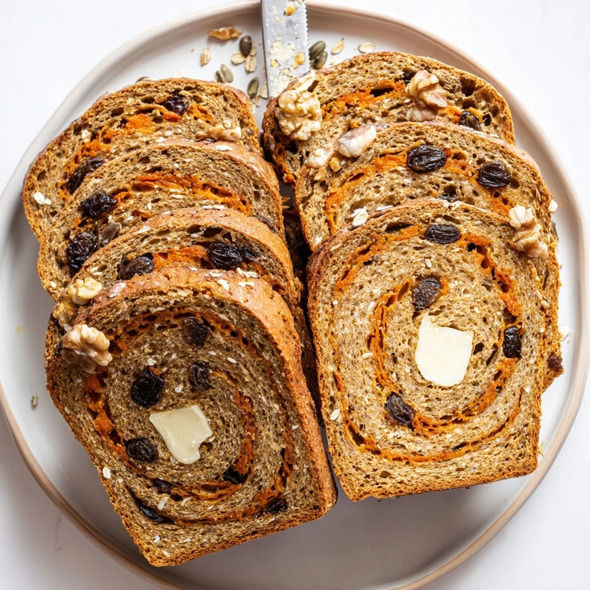 Crusty carrot cake sourdough bread sprinkled with oats and seeds on wooden cutting board