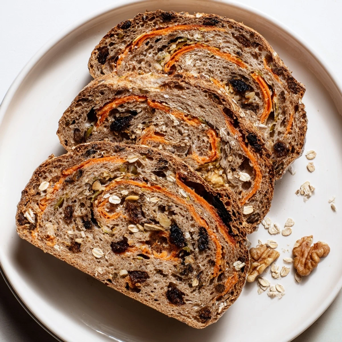 Warm slice of spiced carrot cake sourdough bread topped with cream cheese spread on plate