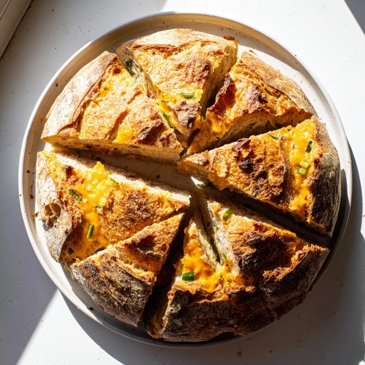 Golden crusty Jalapeno Cheddar Sourdough Bread sliced to reveal melted cheese and pepper bits