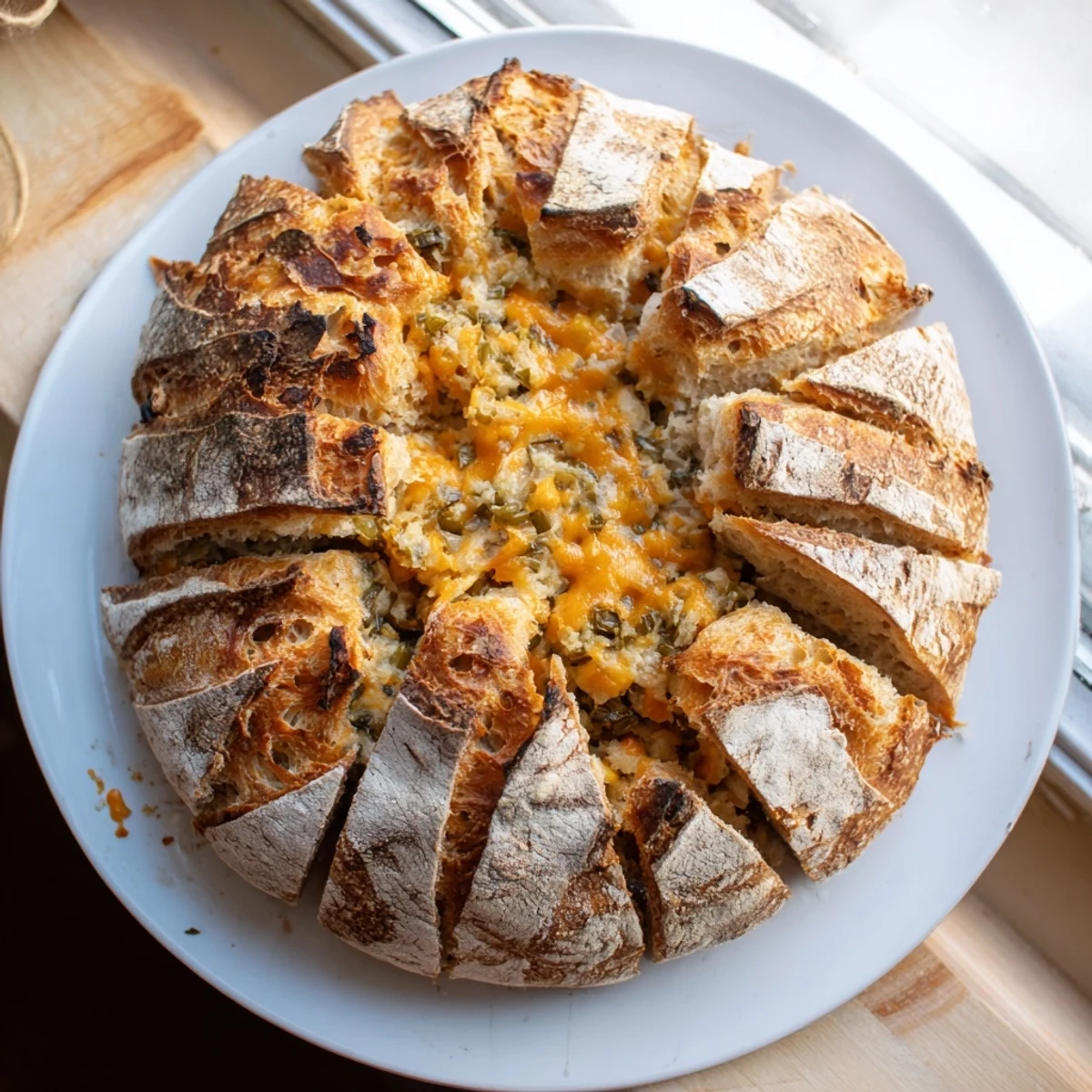 Rustic sourdough loaf baked with sharp cheddar and spicy jalapeños on a wooden cutting board