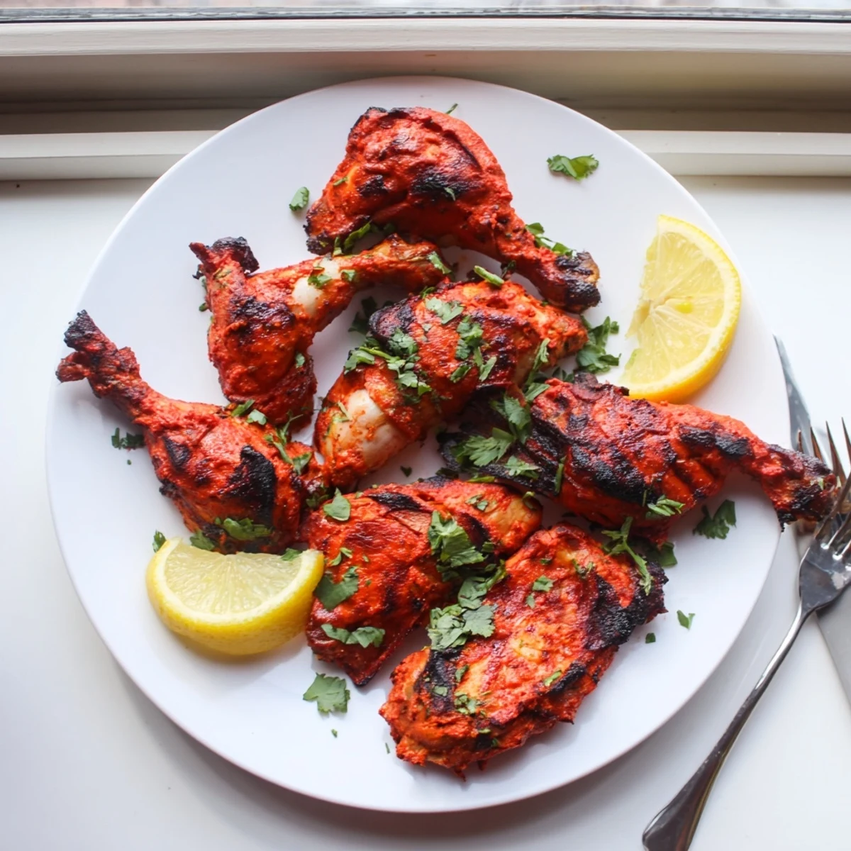 Succulent tandoori chicken with charred edges garnished with fresh cilantro and lemon wedges