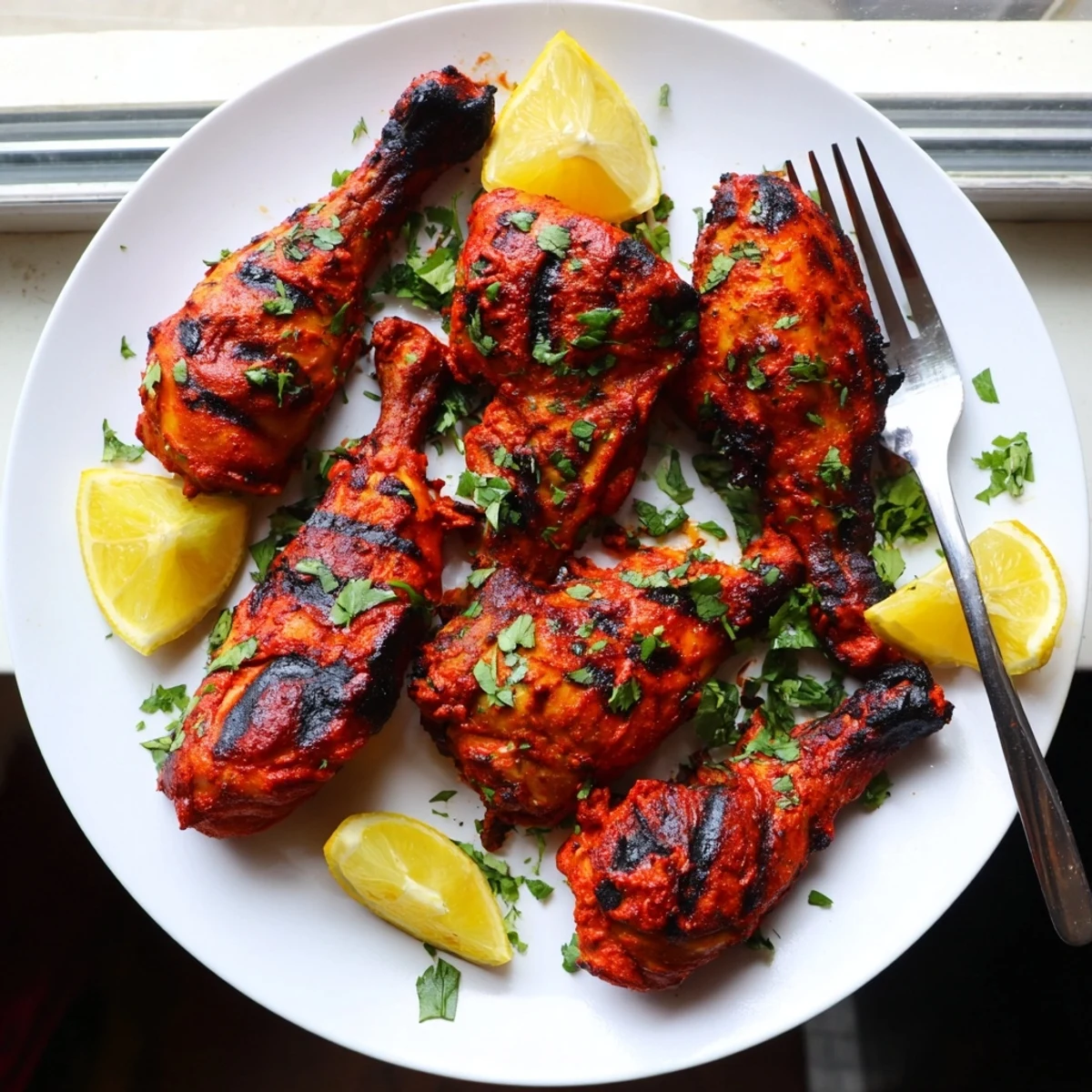 Tandoori chicken roasted to smoky perfection with vibrant red spiced yogurt marinade