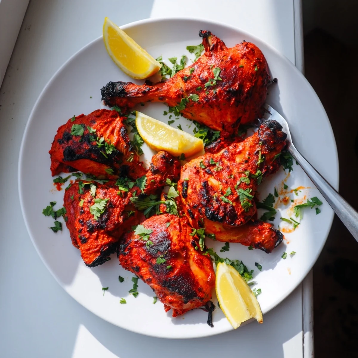 Golden brown tandoori chicken pieces arranged on a platter with green cilantro sprinkles