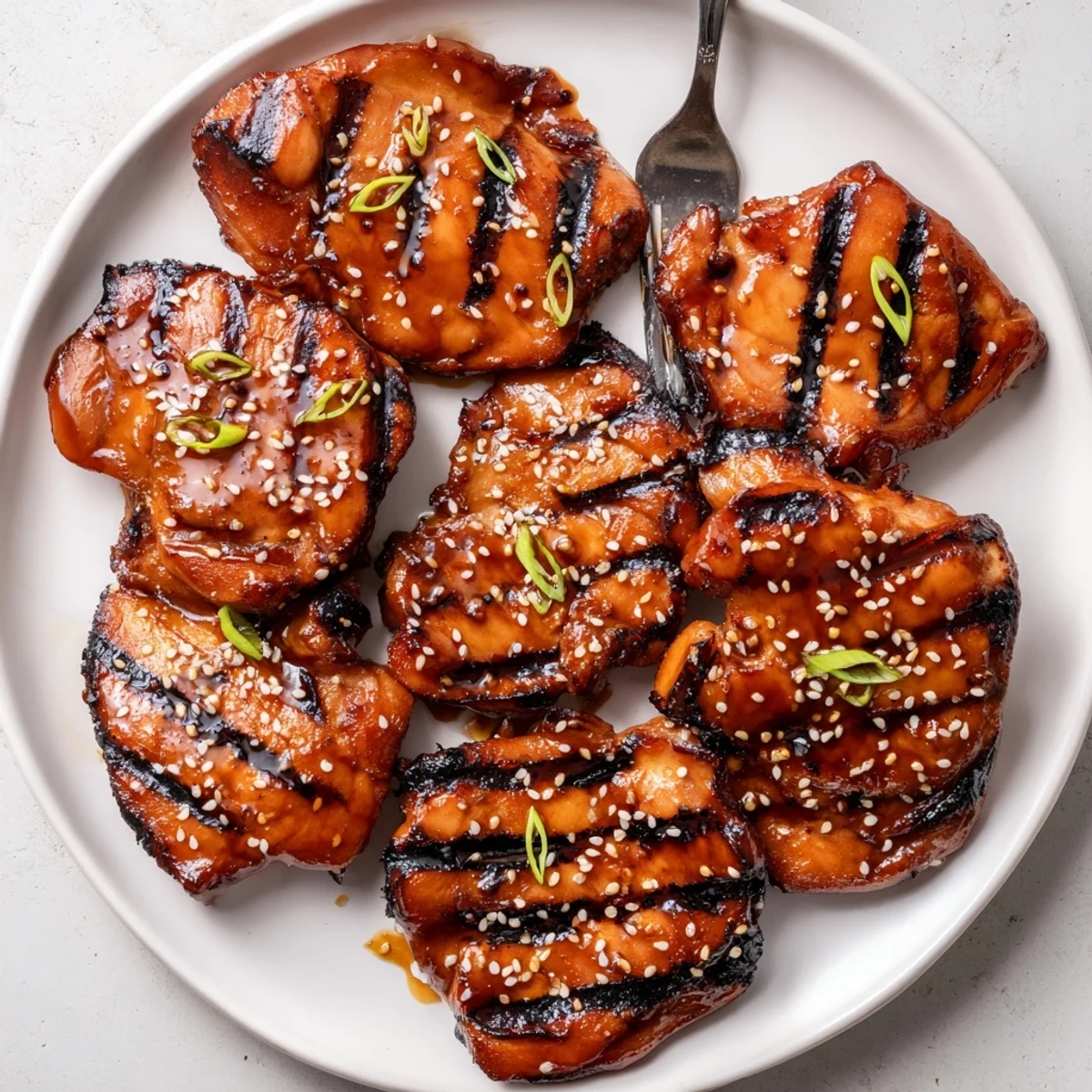 Japanese BBQ Chicken Thighs glistening with sticky sesame glaze, grilled and sliced