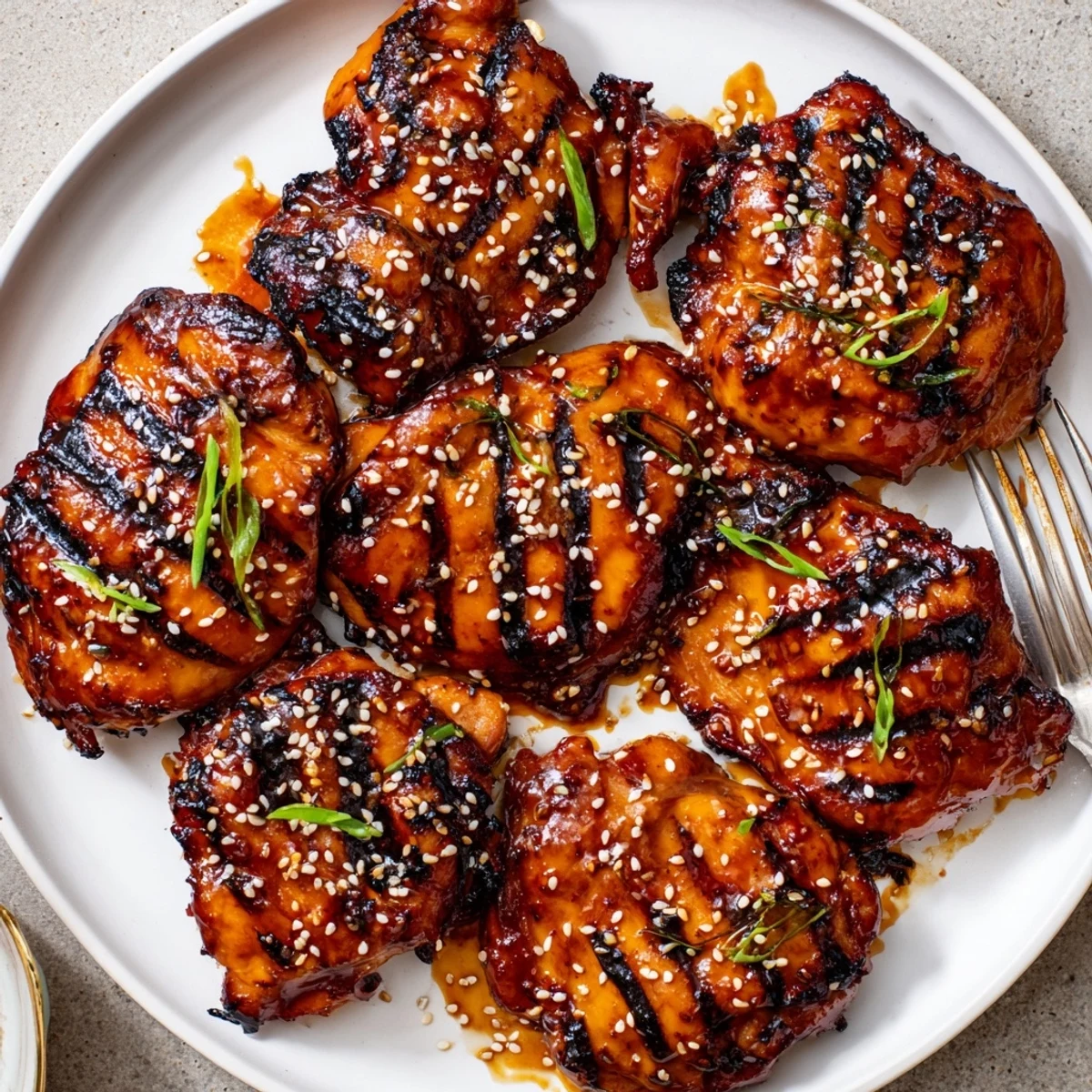 Charred Japanese BBQ Chicken Thighs served over steamed rice with scallions