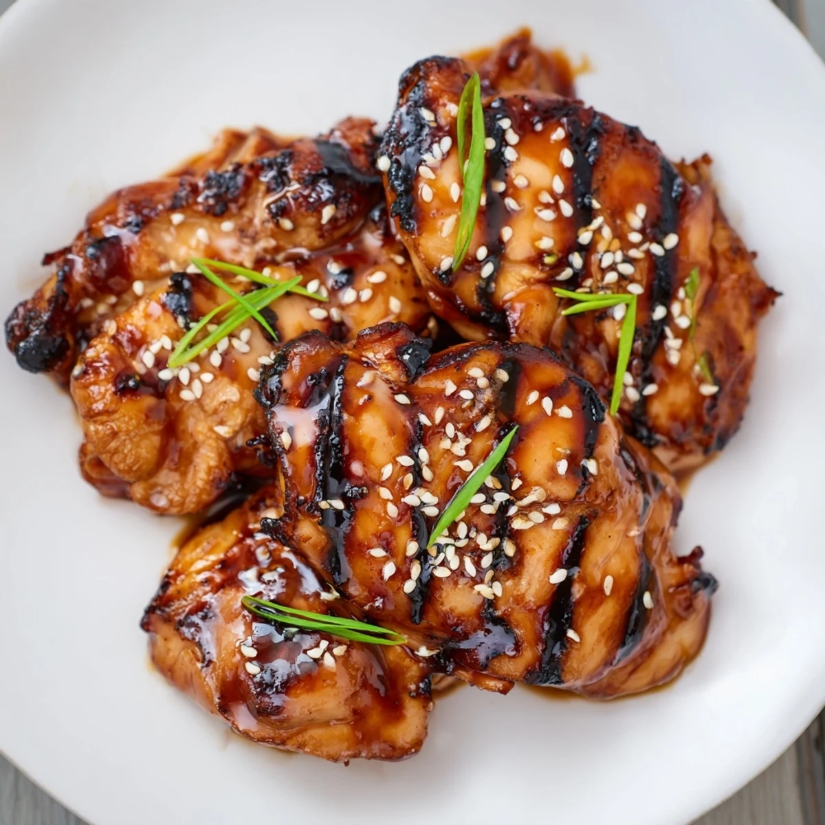 Family-style platter of Japanese BBQ Chicken Thighs sprinkled with toasted sesame seeds