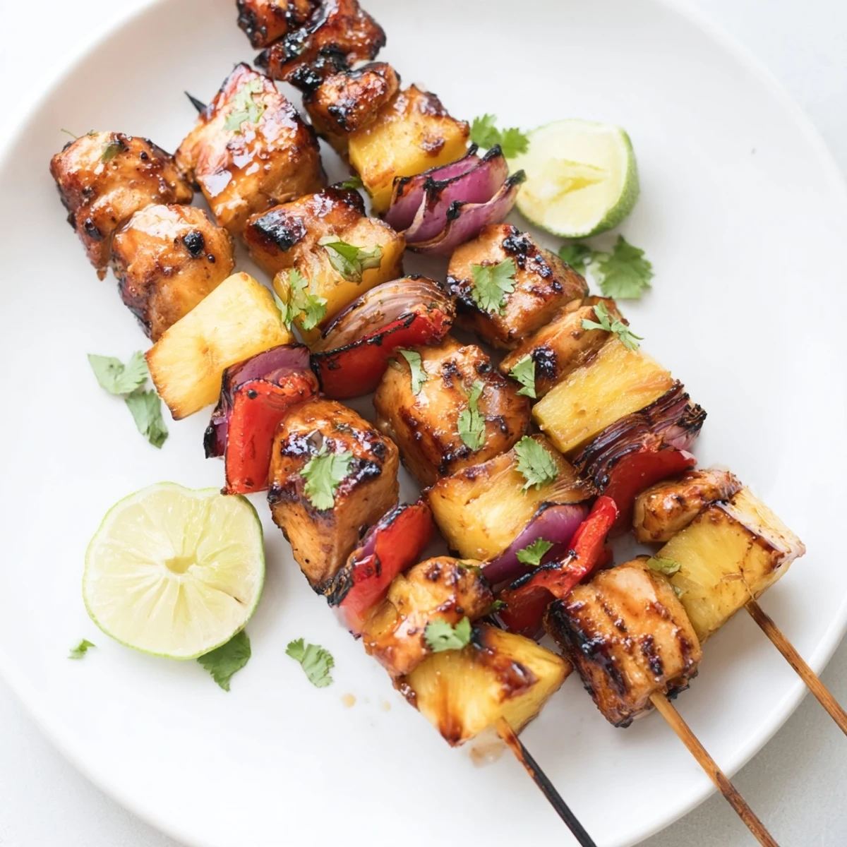 Grilled Pineapple Chicken Kabobs sizzling with charred edges, garnished with lime