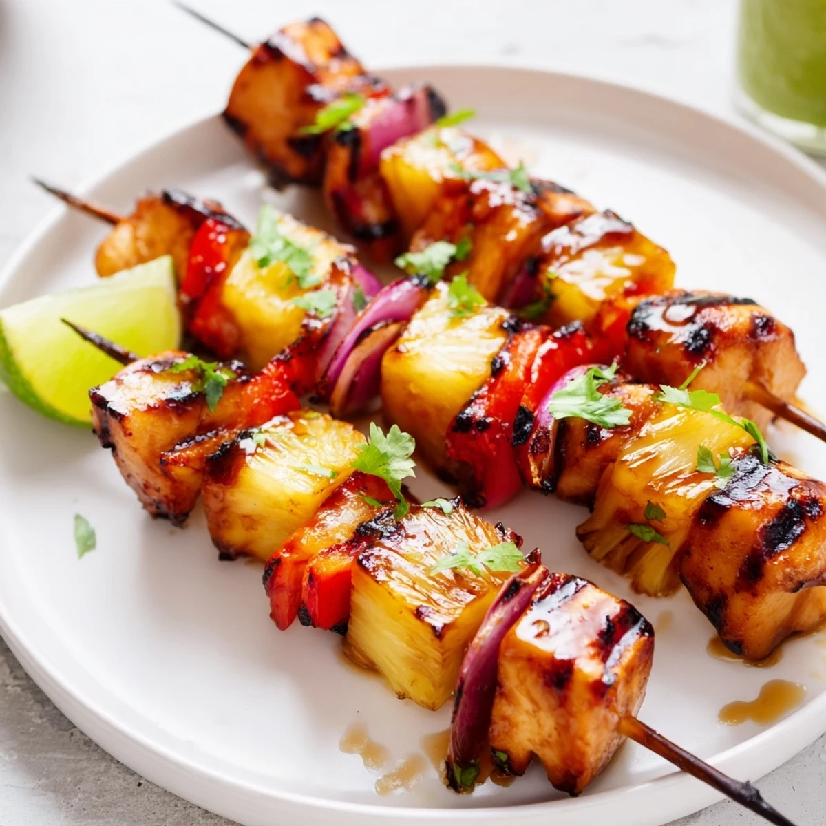 Juicy Grilled Pineapple Chicken Kabobs on skewers, cilantro sprinkled, served hot