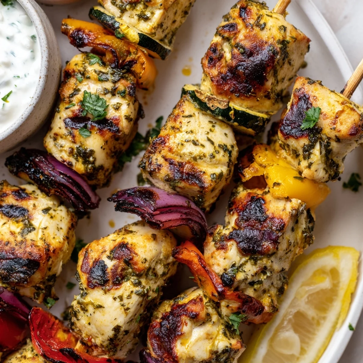 Glistening skewers with bell peppers and charred chicken, Greek Marinated Chicken Kabobs