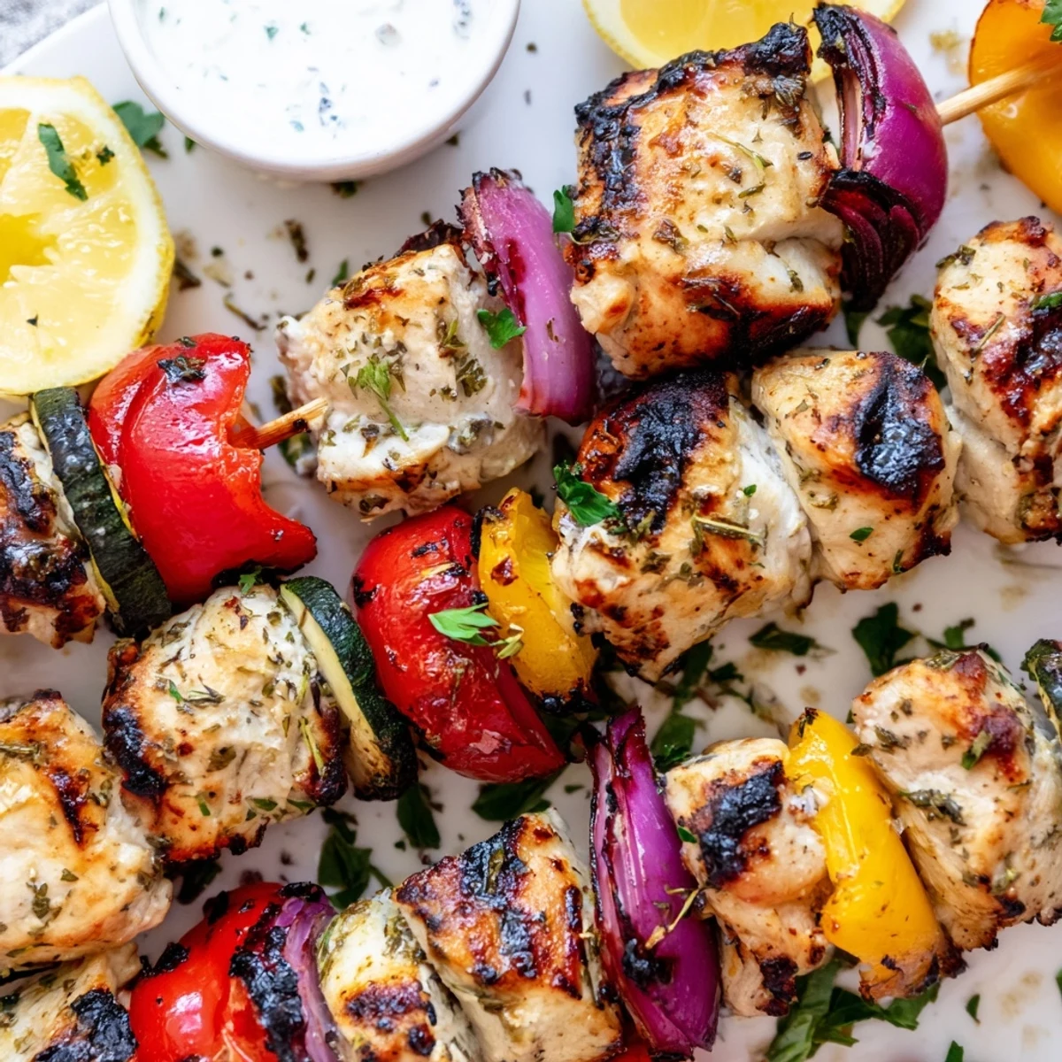 Greek Marinated Chicken Kabobs resting on lemon wedges, served with cool tzatziki