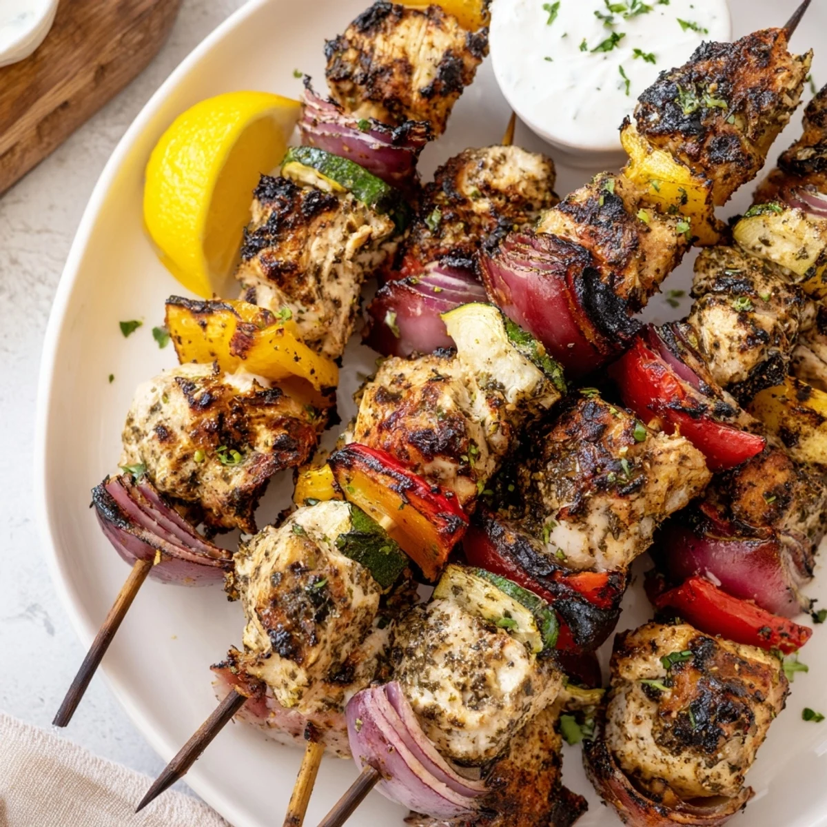 Juicy grilled zucchini and parsley entwined with Greek Marinated Chicken Kabobs