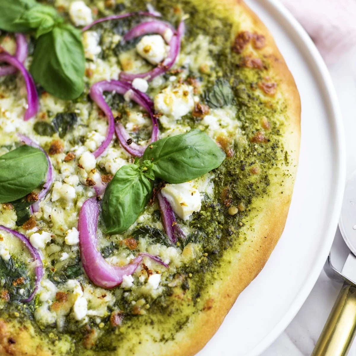 Homemade green pizza featuring vibrant broccoli pesto with melted mozzarella and fresh baby spinach