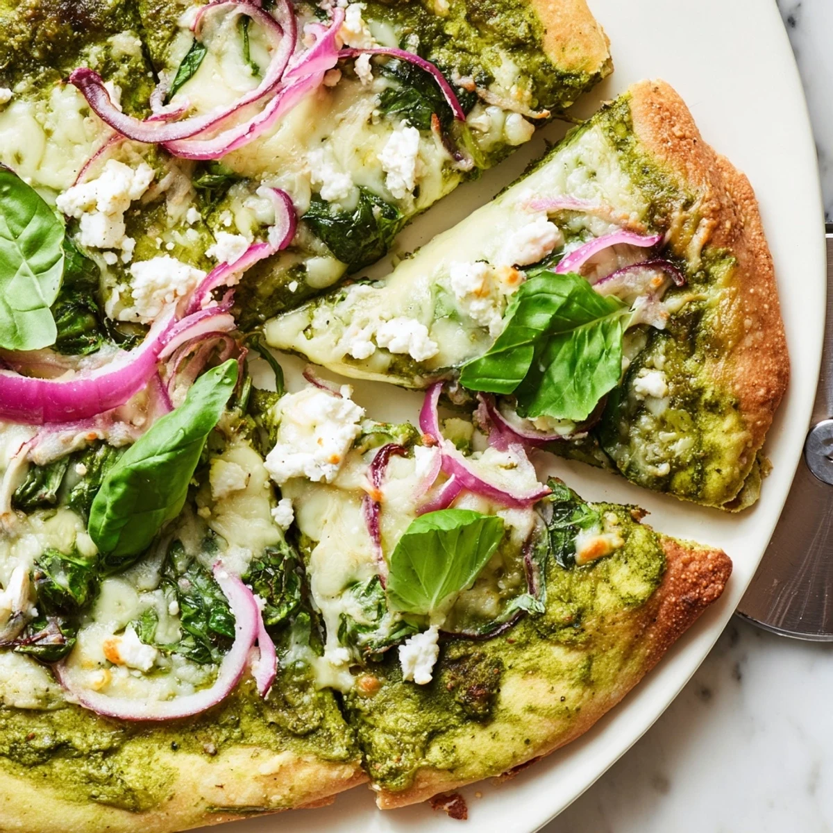 Vegetarian pizza topped with zesty broccoli pesto, crumbled feta, and arugula after baking