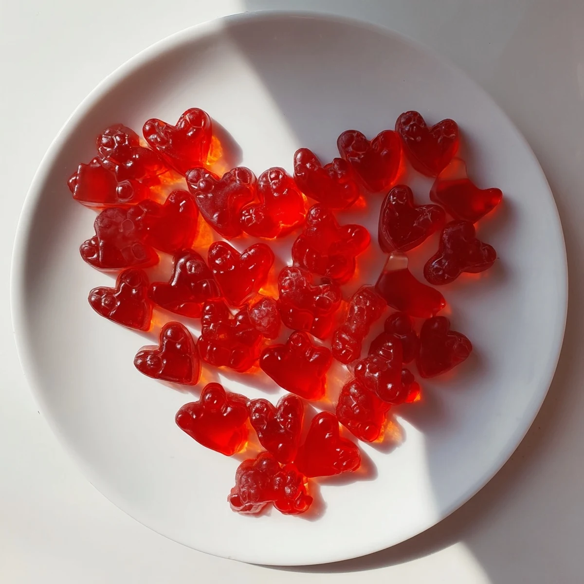 Chewy homemade raspberry gummy snacks arranged in a neat row on a white plate