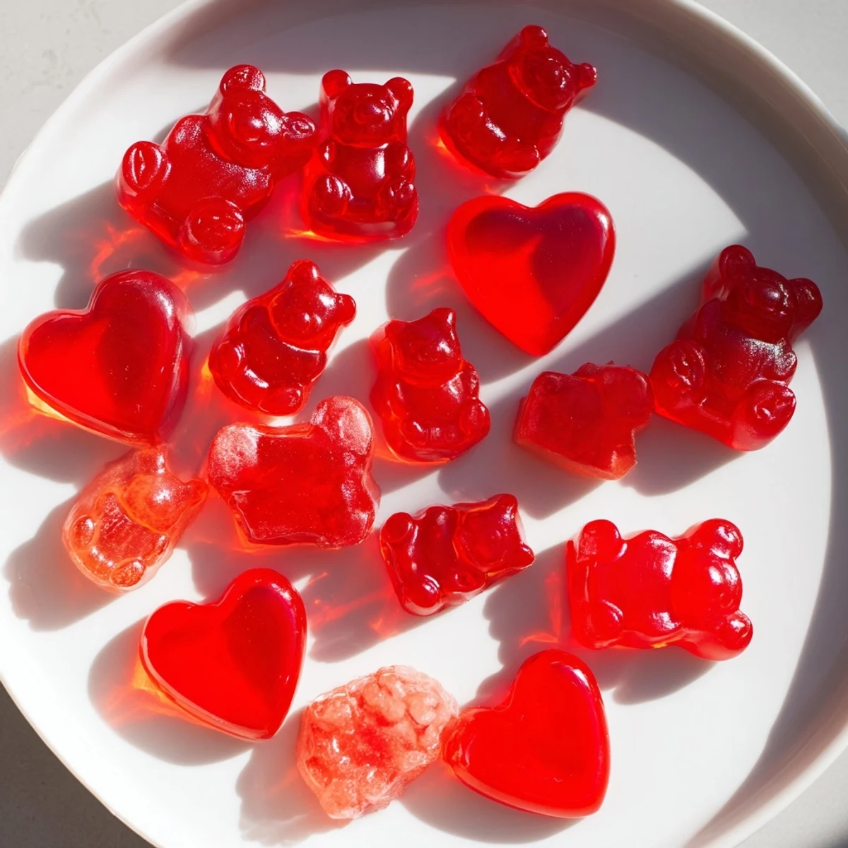 Heart shaped homemade raspberry gummy snacks stacked on a wooden cutting board